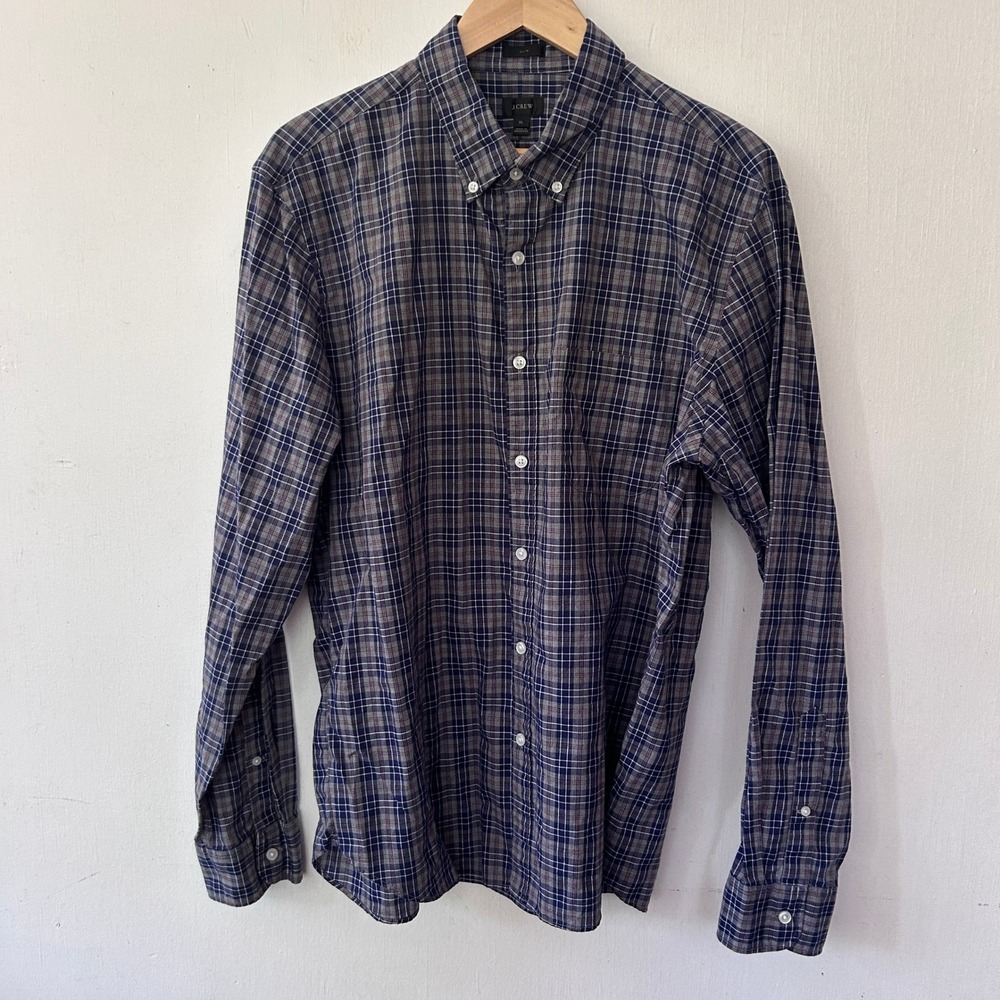 J.Crew Button Down Shirt Mens XL Blue Grey Plaid Slim Fit Preppy Business Casual